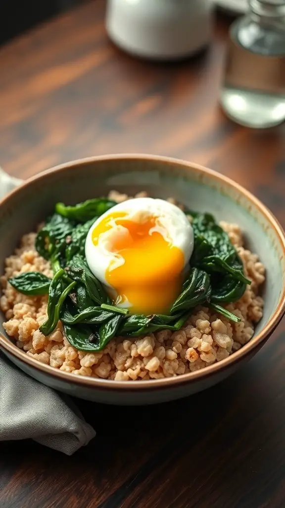 A bowl of savory oatmeal topped with spinach and a poached egg.