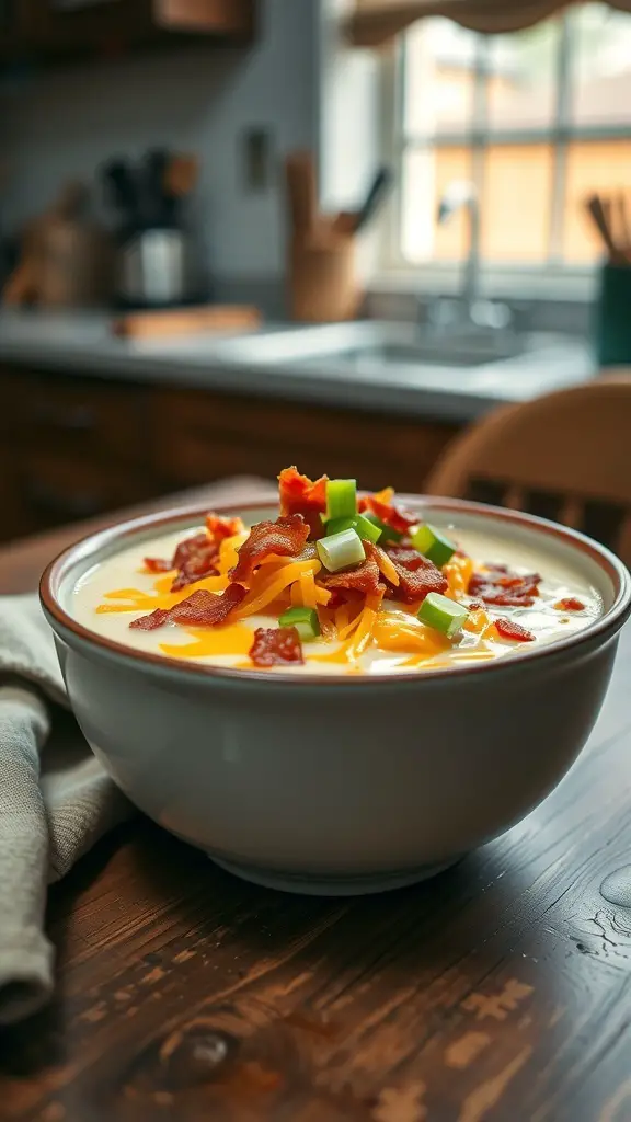 A bowl of loaded baked potato soup topped with cheese, bacon, and green onions on a wooden table.