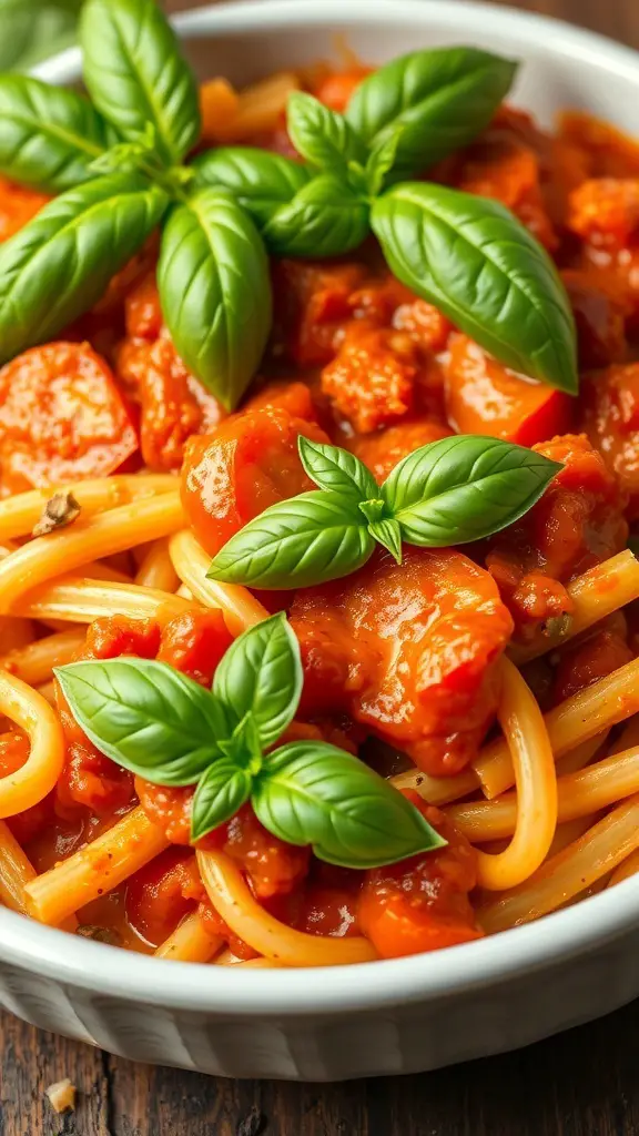 A delicious creamy tomato basil pasta bake topped with fresh basil leaves.