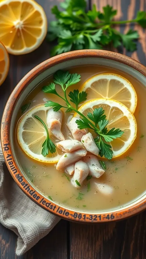 A bowl of Lemon Herb Chicken Soup with lemon slices and parsley on a wooden table.