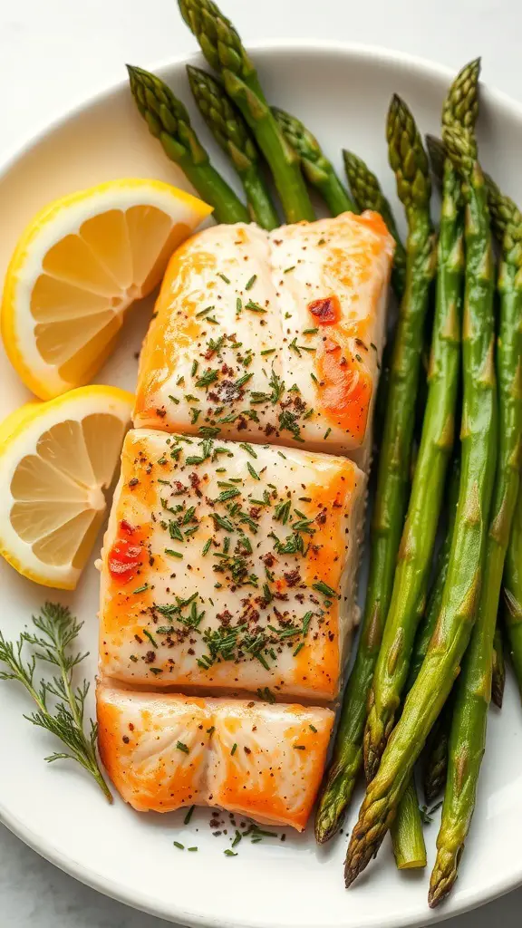 Baked salmon fillet with asparagus and lemon wedges on a white plate