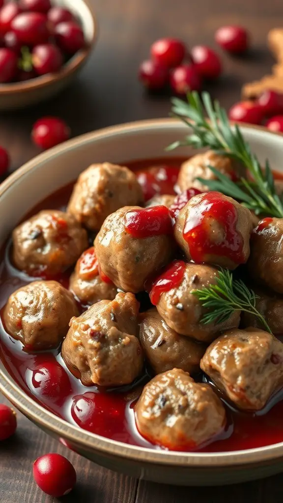 A bowl of savory meatballs in cranberry sauce, garnished with herbs, surrounded by fresh cranberries.