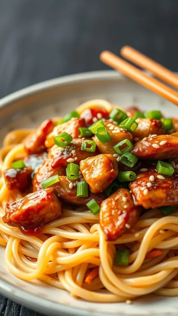 A bowl of Teriyaki Chicken Egg Noodles topped with green onions and sesame seeds.