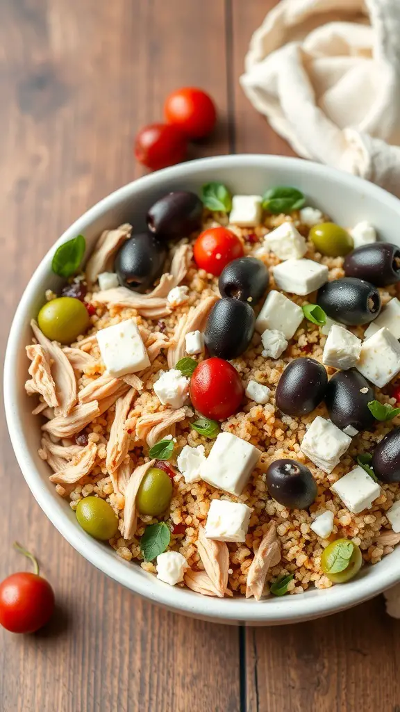A Mediterranean Shredded Turkey Bowl with couscous, shredded turkey, olives, cherry tomatoes, and feta cheese.