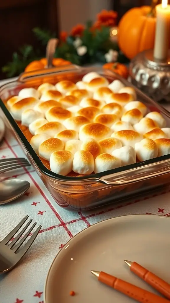 Sweet potato casserole topped with golden marshmallows, served on a festive table.