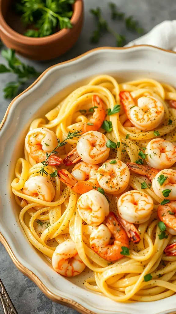 A delicious Lemon Garlic Shrimp and Egg Noodle Casserole with shrimp and herbs