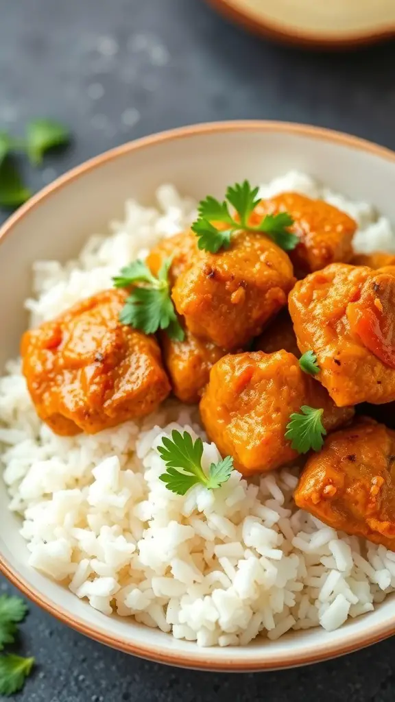 A bowl of curry-spiced turkey thighs served over coconut rice, garnished with fresh cilantro.