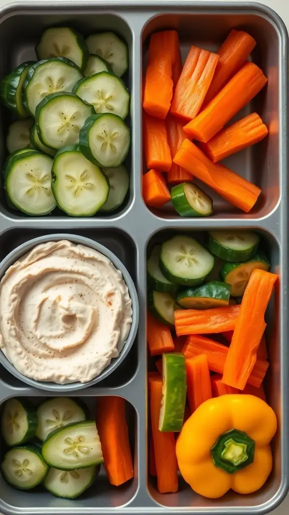 A snack box with sliced cucumbers, carrot sticks, yellow bell pepper, and a bowl of hummus.