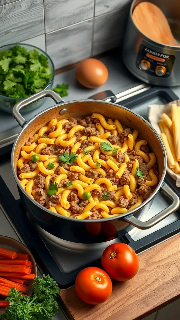 A pot of hamburger macaroni casserole with ground beef, macaroni, and vegetables.