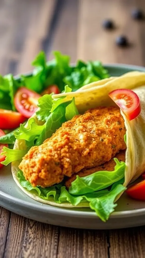 A wrap filled with buffalo ranch chicken tenders, lettuce, and tomatoes on a plate.