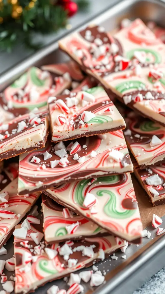 A tray of peppermint bark with colorful swirls and crushed candy canes on top.