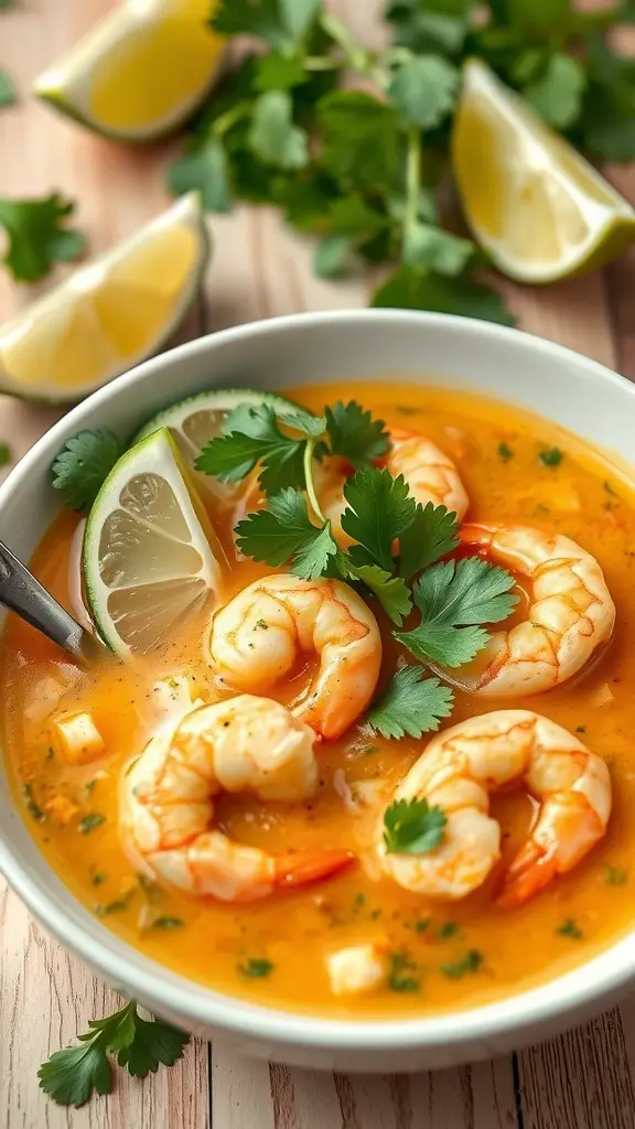 A bowl of Thai Coconut Curry Soup with shrimp, lime, and cilantro