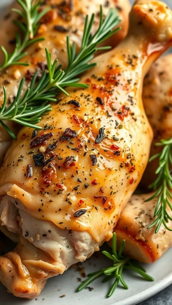 Herb-infused turkey drumsticks seasoned with spices and garnished with rosemary