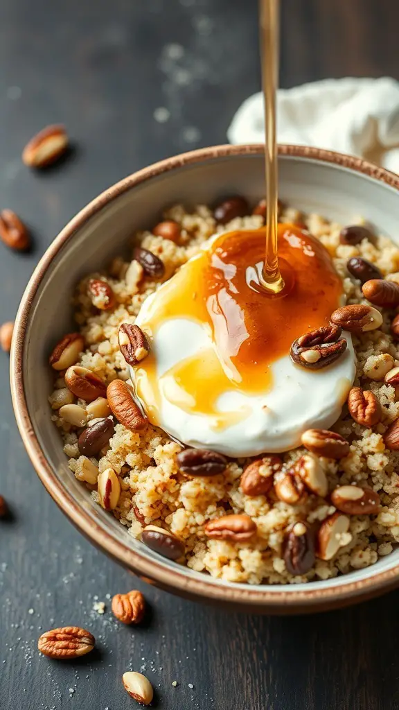 A quinoa breakfast bowl topped with yogurt, nuts, and honey.