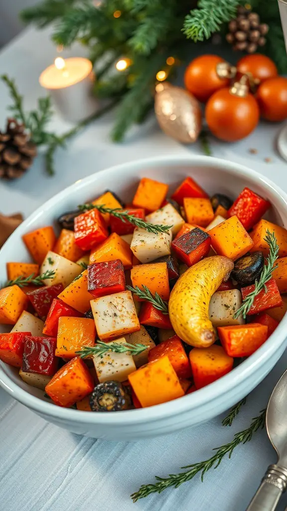 A bowl of colorful roasted vegetables including squash, peppers, and herbs, set against a festive background.