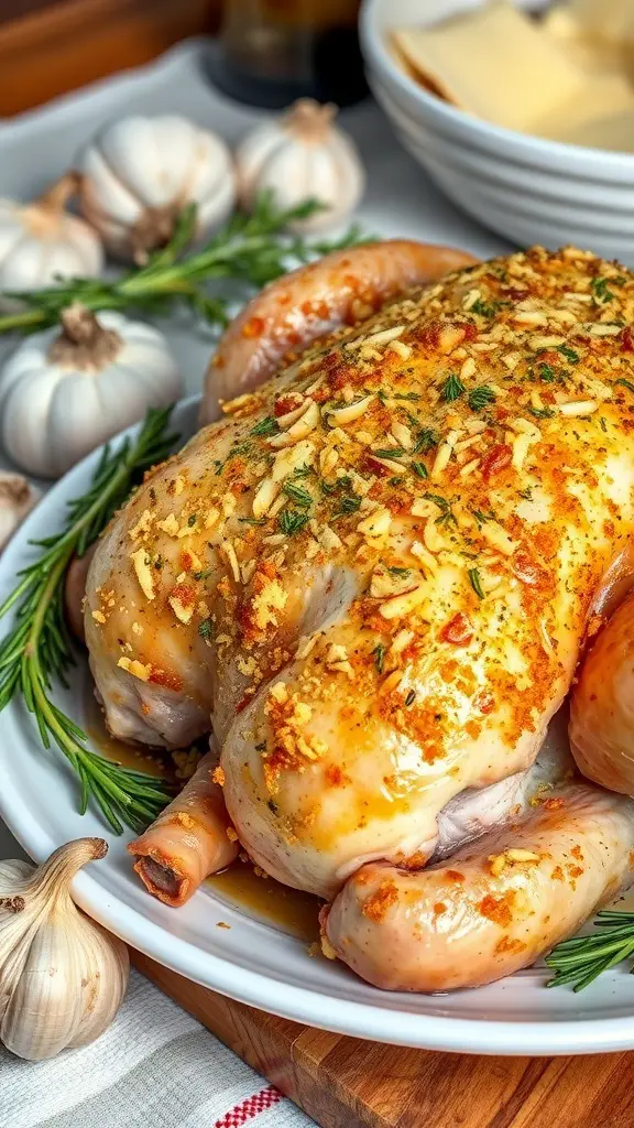 A beautifully roasted Garlic Parmesan Crusted Turkey garnished with garlic and rosemary.