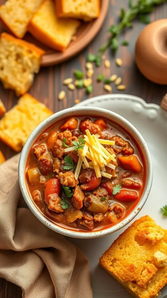A bowl of turkey chili with beans, topped with cheese and herbs, served with cornbread.