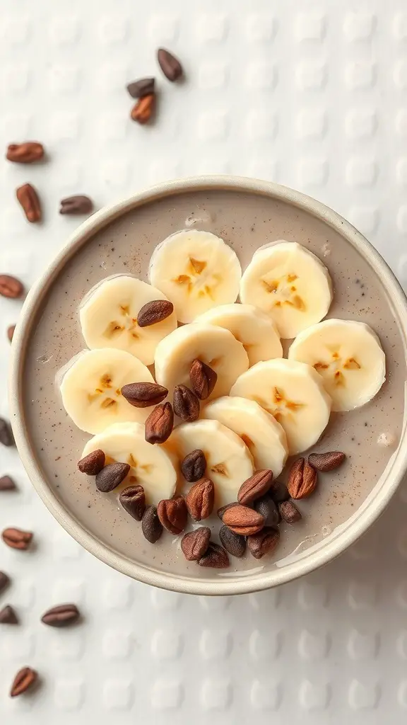 A smoothie bowl topped with sliced bananas and cacao nibs.