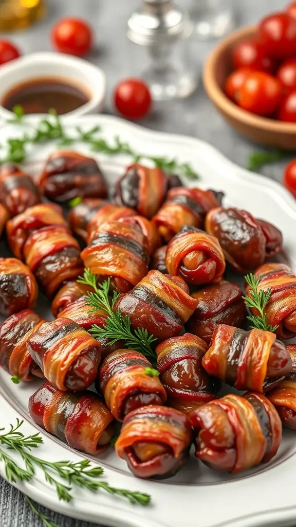 A platter of bacon-wrapped dates garnished with herbs, surrounded by cherry tomatoes.