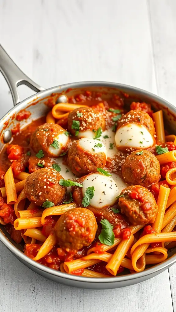 A skillet filled with cavatappi pasta, meatballs, and tomato sauce, garnished with herbs and cheese.