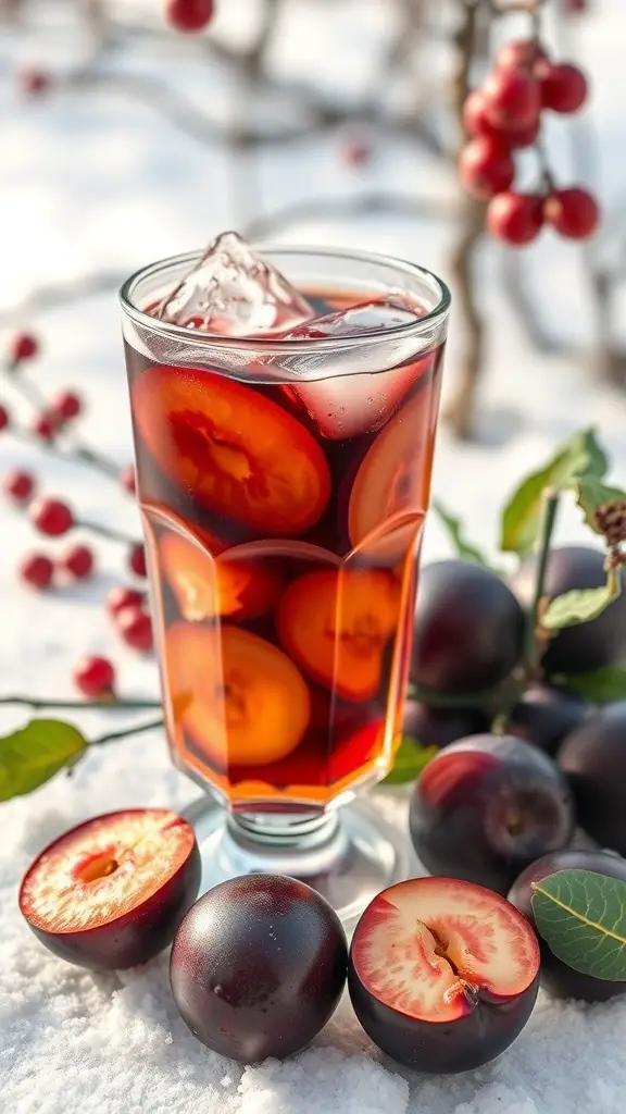 A glass of Sugar Plum Cold Brew with ice and fresh plums, set against a snowy background.