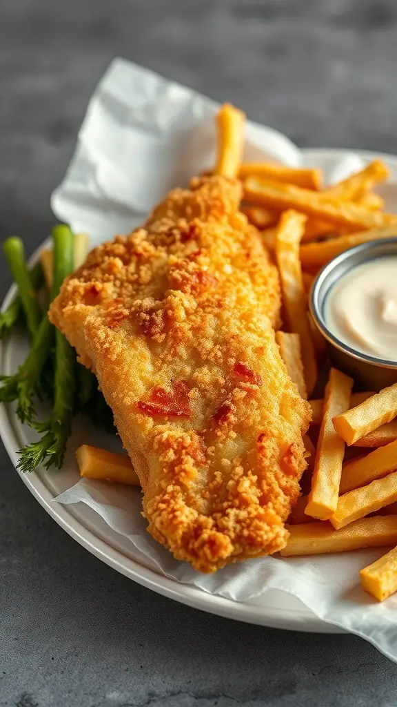 Plate of beer-battered fried tilapia with fries and dipping sauce