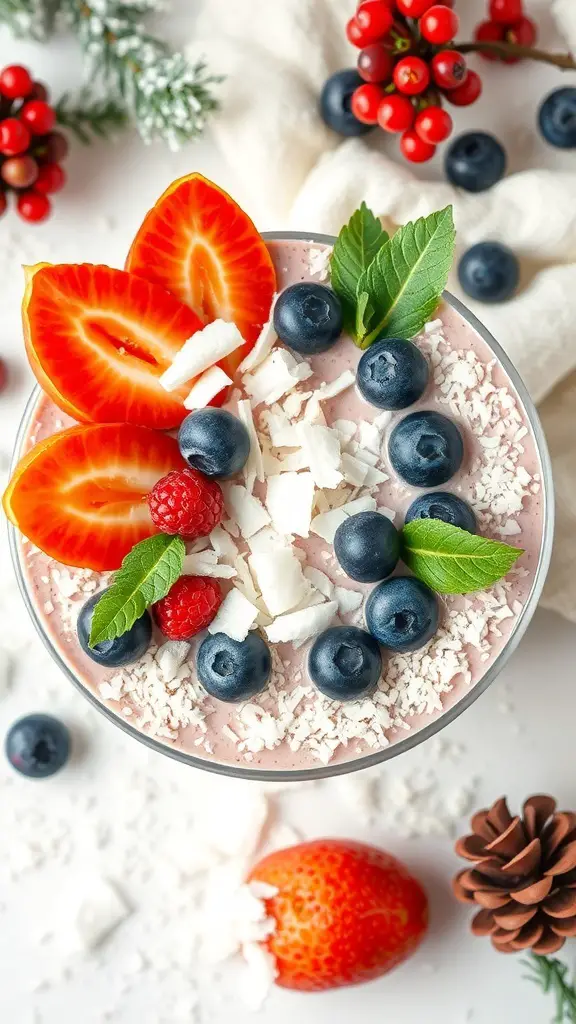 A colorful smoothie bowl topped with fruits and coconut flakes, surrounded by festive decorations.
