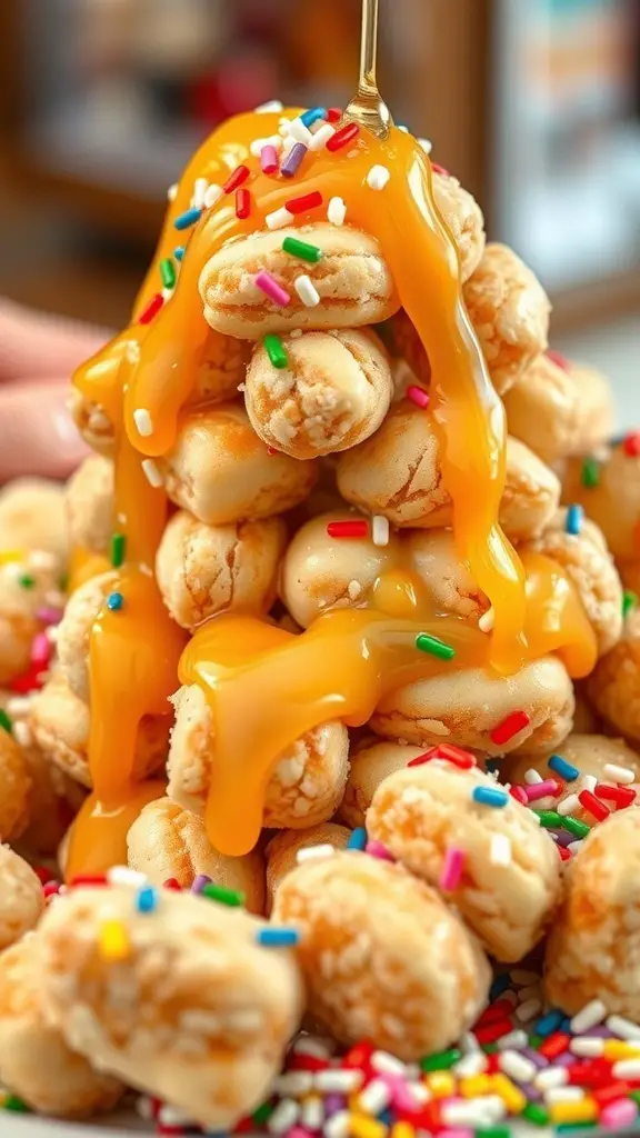A pile of honey-drenched struffoli topped with colorful sprinkles.