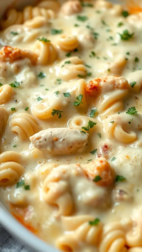 A creamy Chicken Alfredo Pasta Bake with pasta, chicken, and parsley on top.