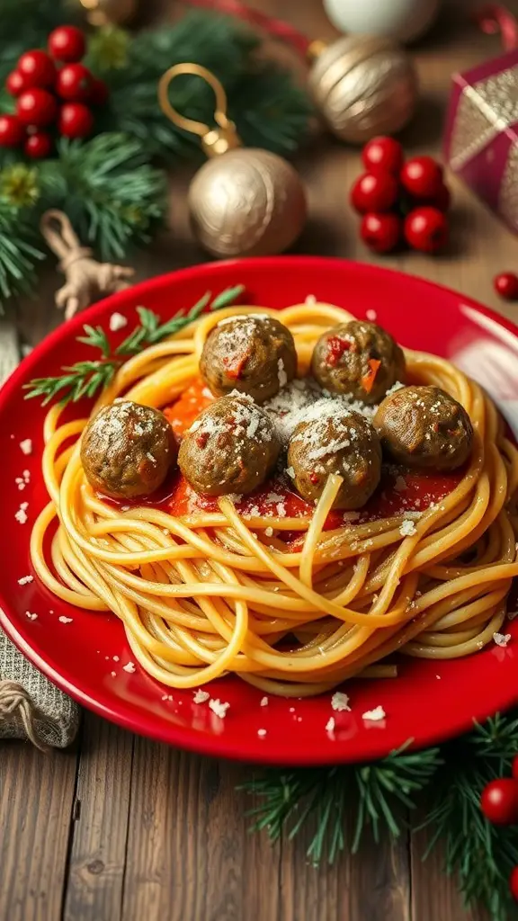 A festive plate of spaghetti with meatballs, garnished with cheese, set against a holiday backdrop.