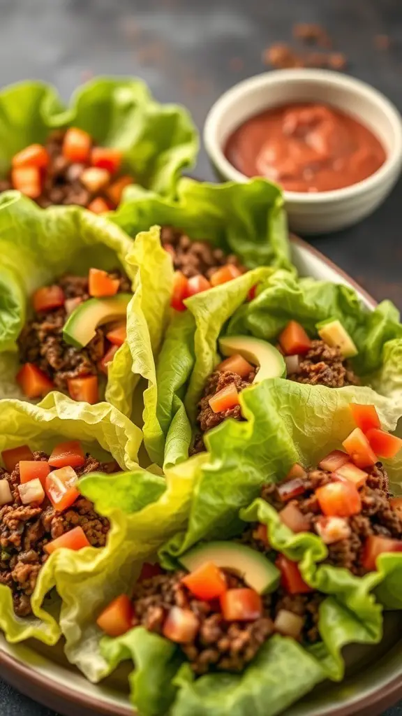 Beef taco lettuce wraps with diced tomatoes and a bowl of salsa
