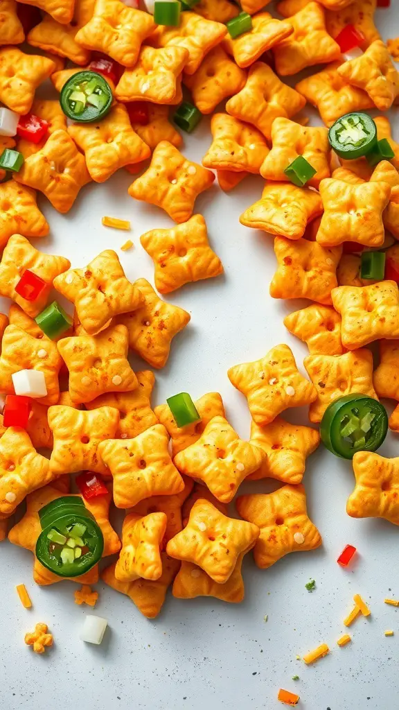 A colorful assortment of taco seasoned oyster crackers with jalapeños and diced peppers.