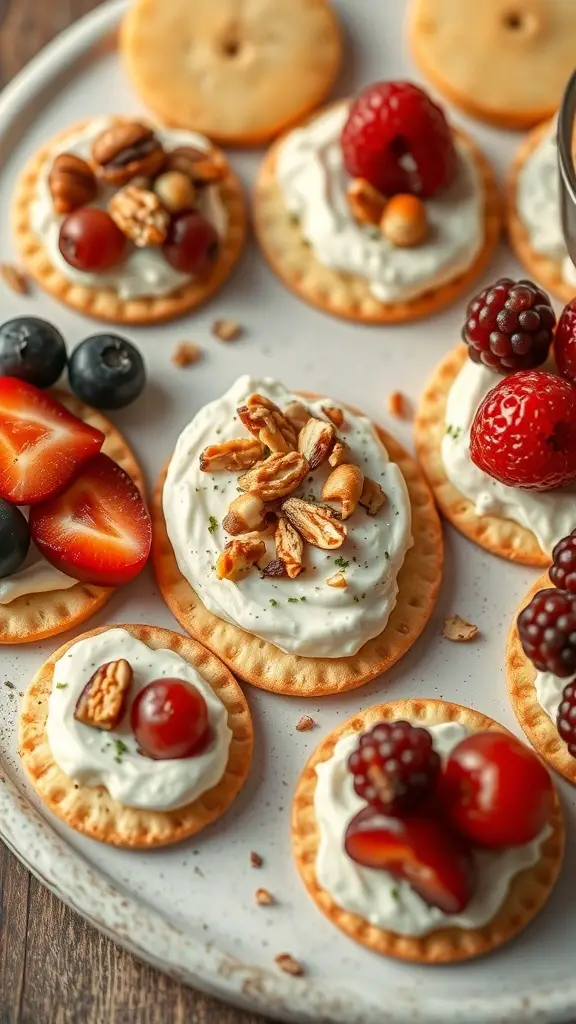 A plate of Ritz crackers topped with creamy brie, fresh fruits, and nuts.