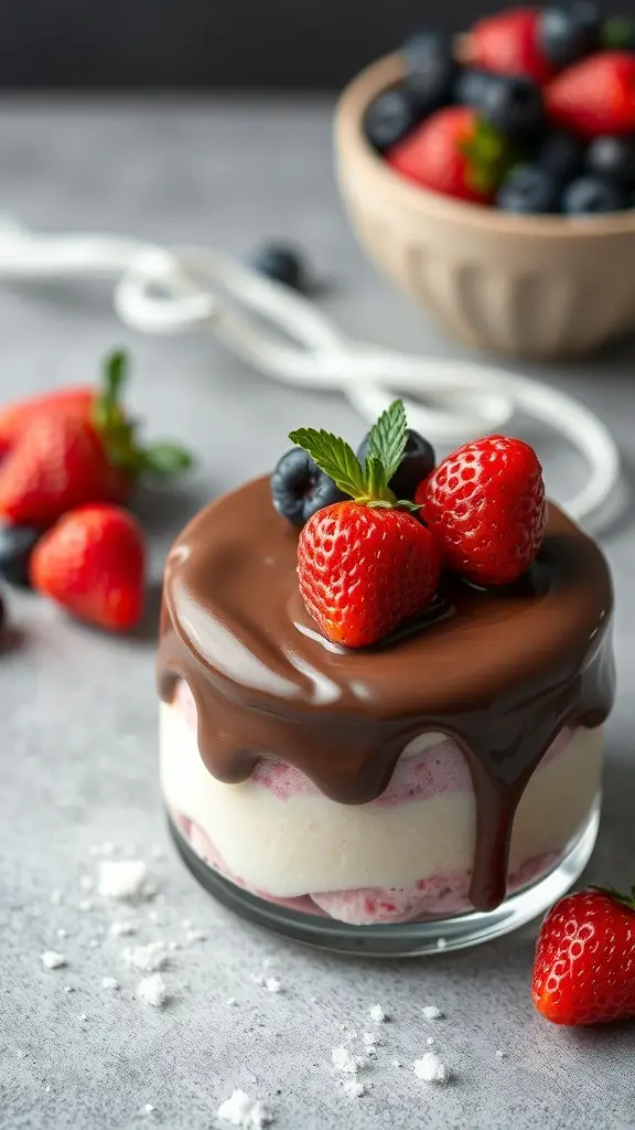 A glass of semifreddo topped with chocolate and strawberries, surrounded by fresh berries.