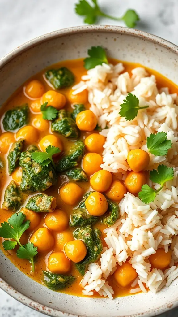 A bowl of chickpea and spinach curry served with rice, garnished with fresh cilantro.