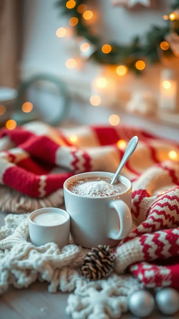 A cozy hot chocolate station with a white mug of hot chocolate, whipped cream, a knitted blanket, and festive decorations.