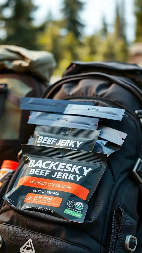 Beef jerky packs displayed in a backpack, ready for outdoor activities.