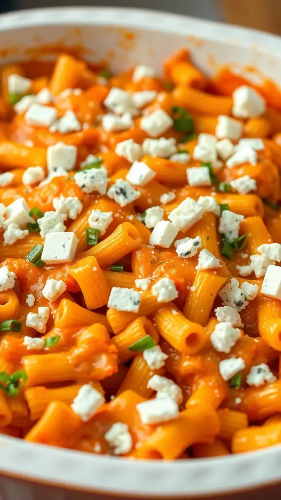 A close-up of a creamy buffalo chicken pasta bake topped with blue cheese and chives.