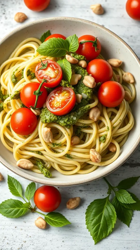A bowl of zucchini noodles topped with pesto, cherry tomatoes, and nuts.