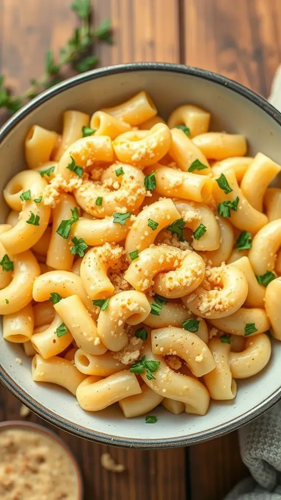 Bowl of creamy four-cheese macaroni topped with parsley and cheese