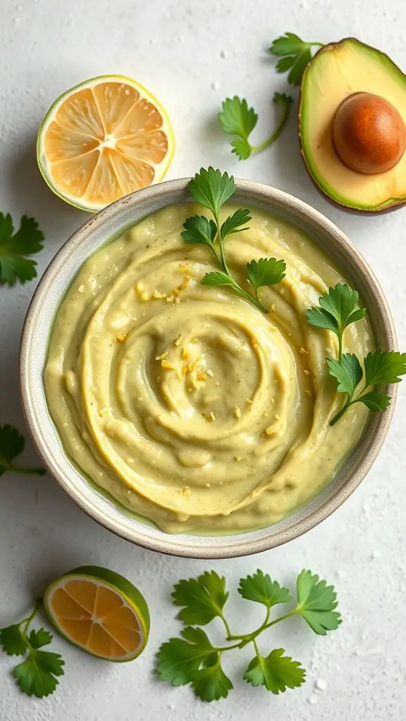 Creamy avocado and lime puree in a bowl, garnished with cilantro and lime slices.