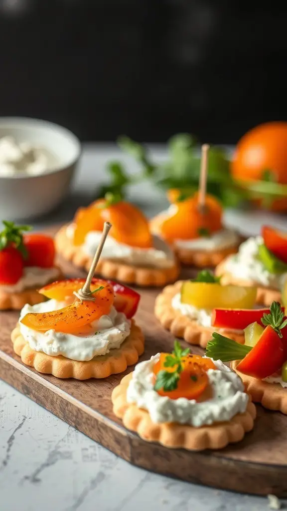 A platter of herbed Saltine cracker crostini topped with colorful vegetables and cream cheese.