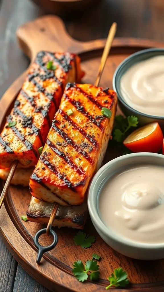 Grilled spicy Cajun salmon skewers on a wooden platter with dipping sauce