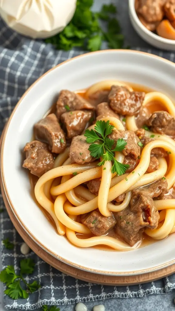 A bowl of beef stroganoff with noodles and garnished with parsley.