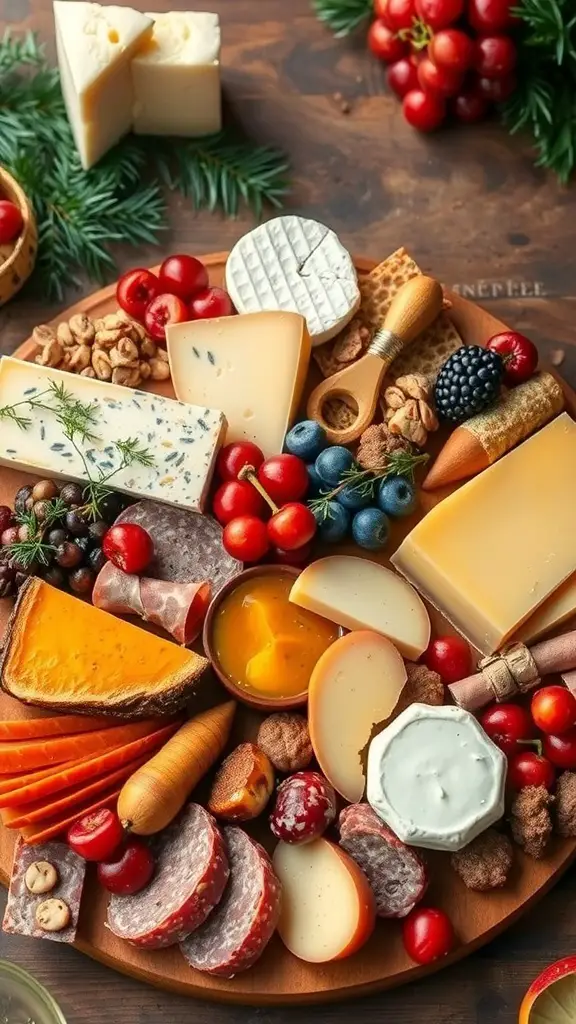 A beautifully arranged holiday cheese and charcuterie board featuring various cheeses, meats, fruits, and nuts.