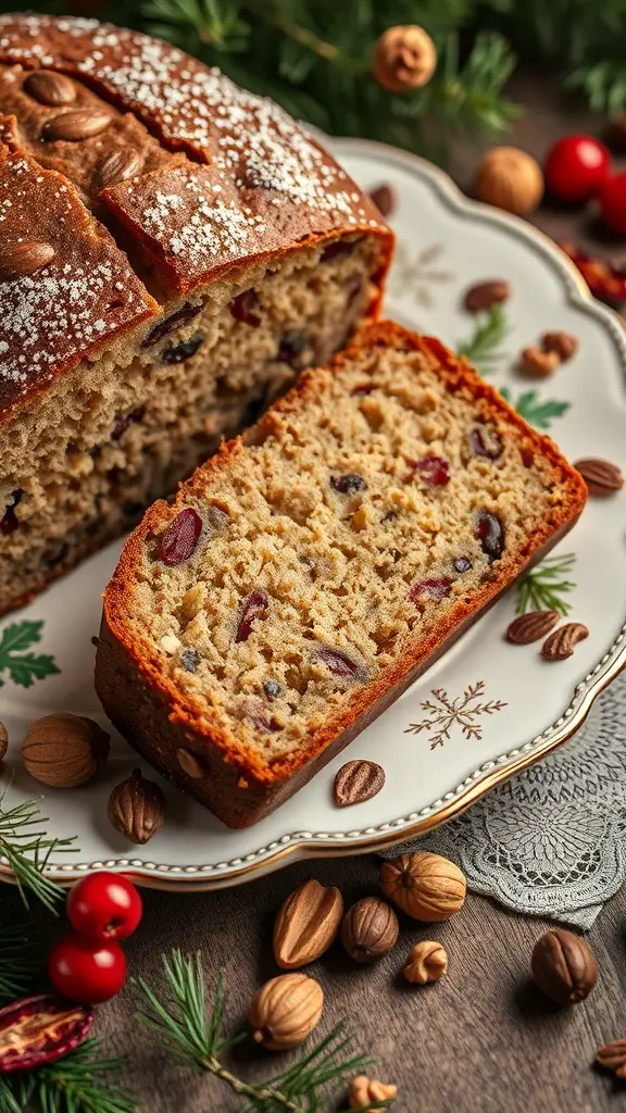 A sliced holiday fruitcake loaf on a decorative plate, surrounded by nuts and festive decorations.