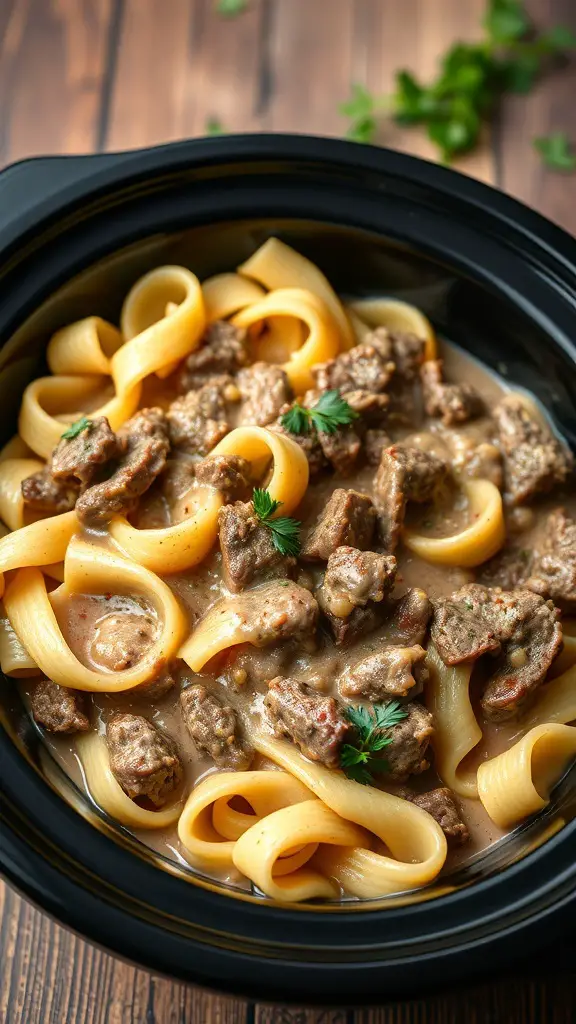 A bowl of beef stroganoff with egg noodles in a crockpot, garnished with parsley.