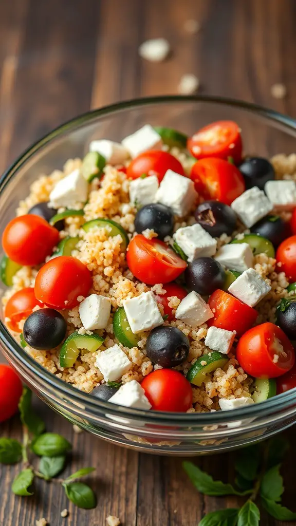 A bowl of Mediterranean quinoa salad with cherry tomatoes, black olives, cucumber, green bell pepper, and feta cheese.