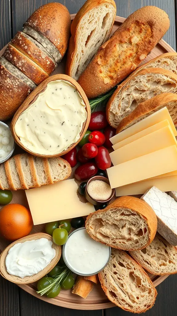 A variety of artisanal breads arranged on a wooden platter with spreads and accompaniments.