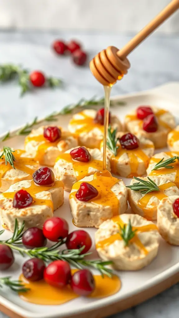 A platter of cranberry brie bites drizzled with honey and garnished with rosemary